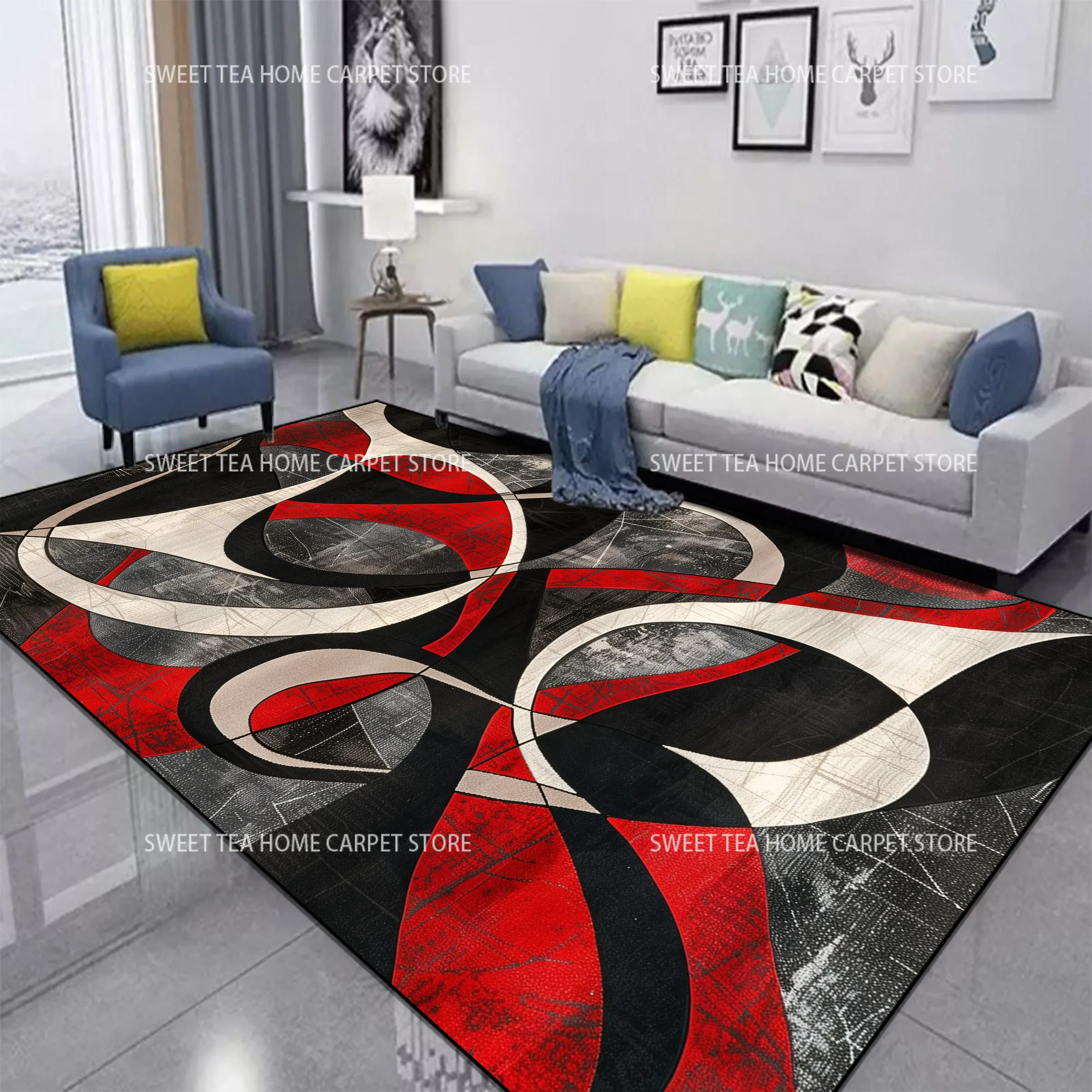 Outdoor Furniture For Cafe - Red Black Swirl Rug Abstract Carpet