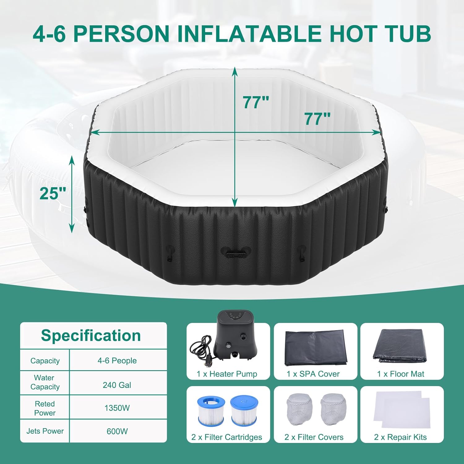 Inflatable Hot Tub - 4-6 Person Octagonal Inflatable Hot Tub,