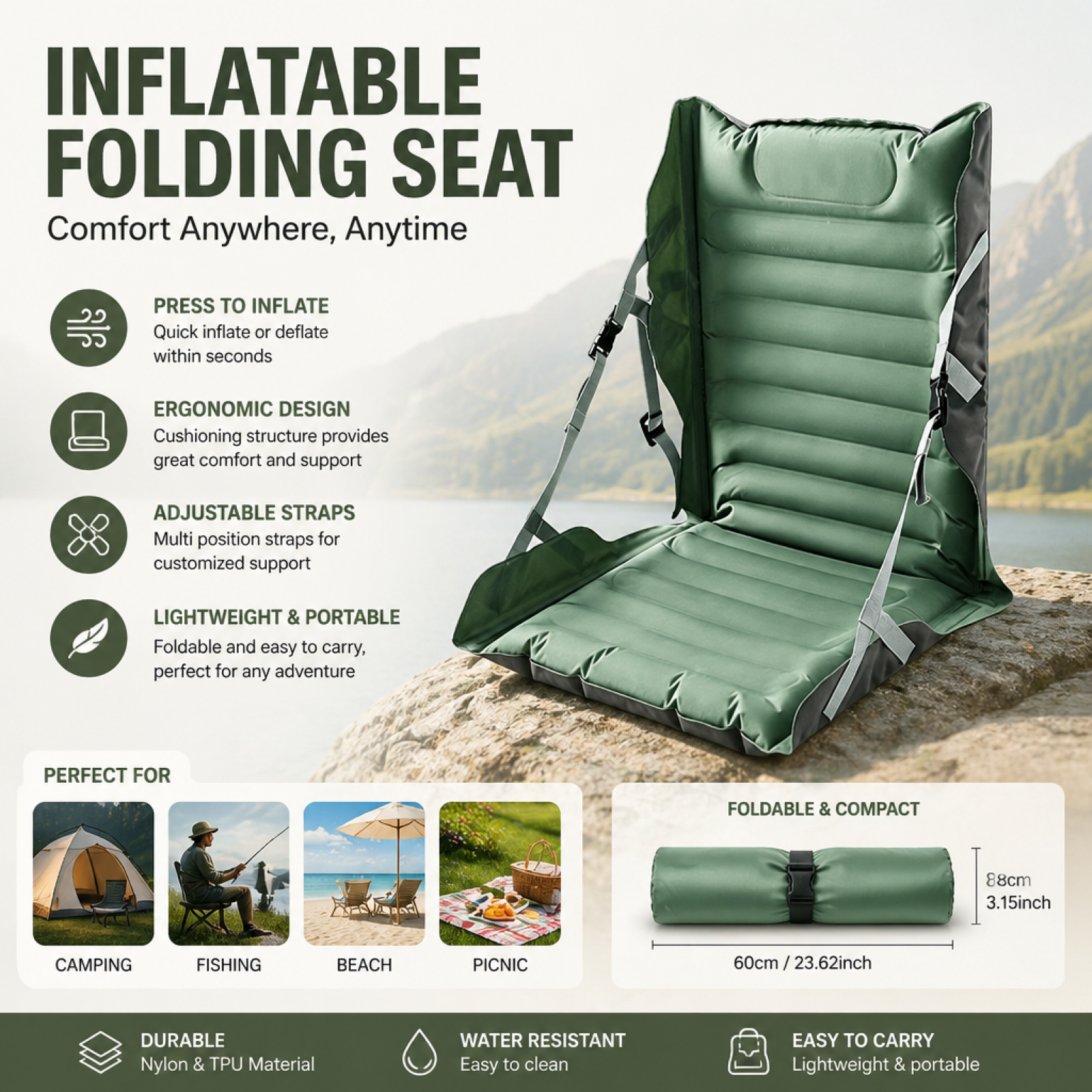 Outdoor Furniture Pads - Inflatable Folding Seat Cushion with Back